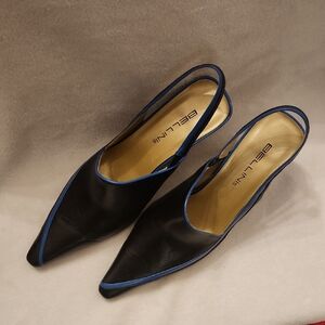 Vintage Bellini Tianna Black Leather Pointed Slingback Heels Blue Trim 8.5